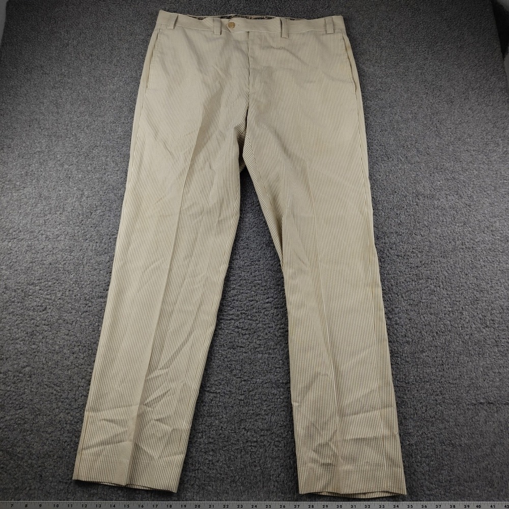 Lauren Ralph Lauren Mens Tan White Seersucker Striped Dress Pants Straight 36x31